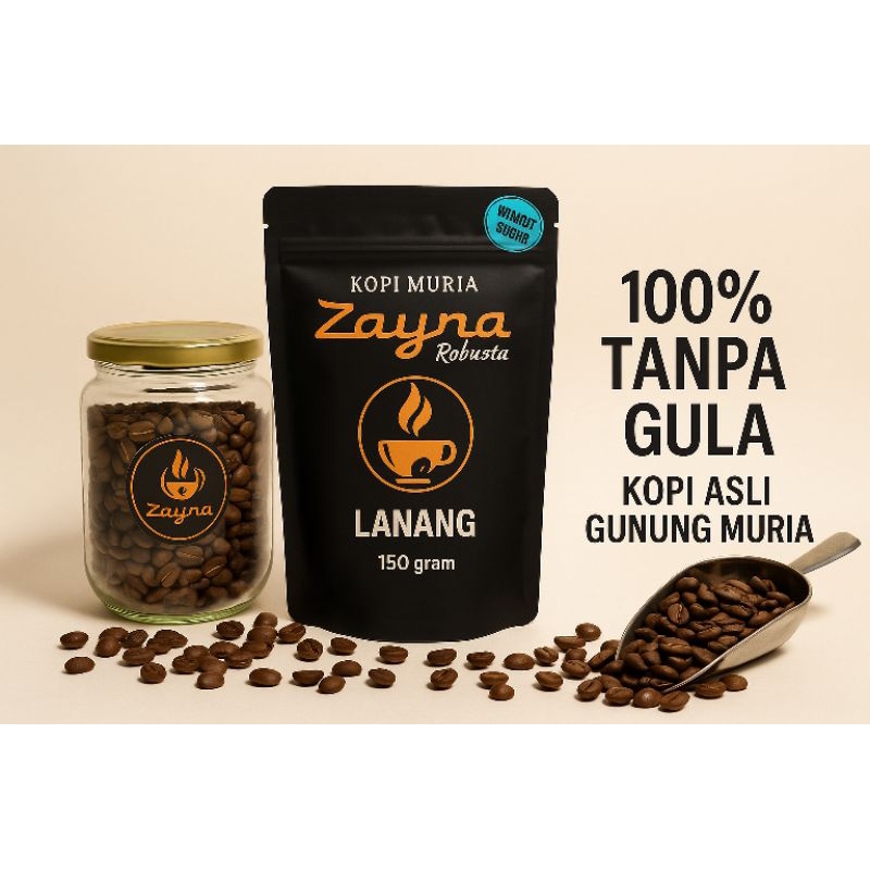 

ZAYNA KOPI ROBUSTA LANANG 150g - BIJI TUNGGAL,RASA LEBIH PEKAT | KOPI TANPA GULA DARI GUNUNG MURIA