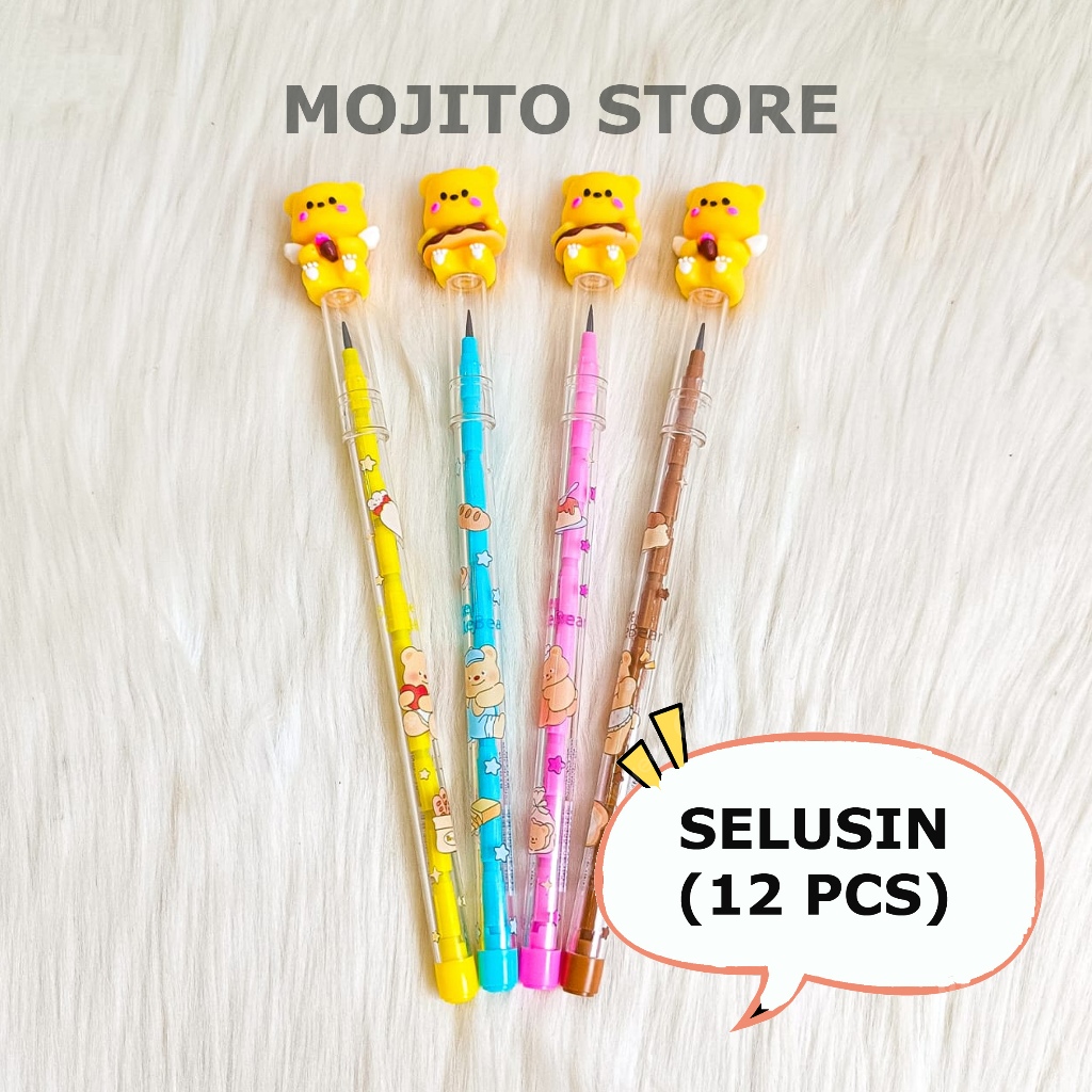 

(12 PCS) PENSIL SUSUN BUTTER BEAR BENSIA LANTU ISI ULANG TUMPUK POP MART PENCIL BERUANG