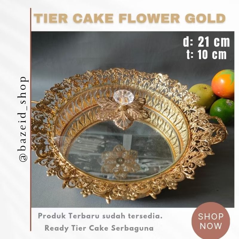 Tier Cake Flower Gold/Tempat Kue Kaca/Tempat Kue Kaca Bunga Gold