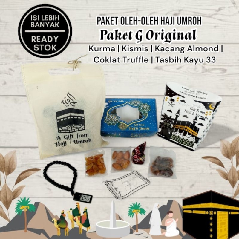 

Paket G Original oleh-oleh haji umroh murah berkulitas kurma kismis kacang almond coklat tasbih kayu