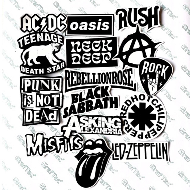 

STICKER BAND MUSIC ROCK METAL ISI 15PCS HITAM PUTIH, sticker anti air, aesthetic, helm, laptop, case hp vol 9