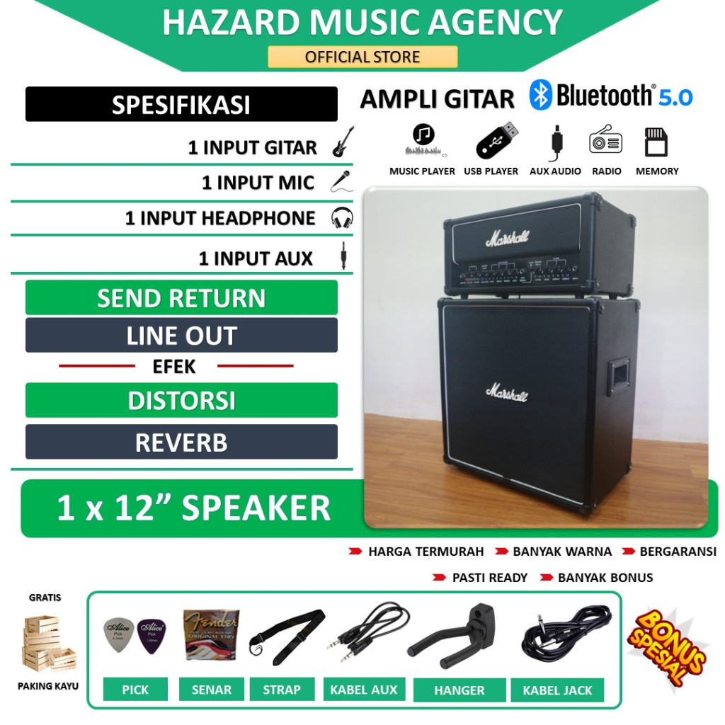 Ampli Gitar & Bass 12 Inch ada bluetooth Marshall Head Cabinet bisa untuk karaoke termurah