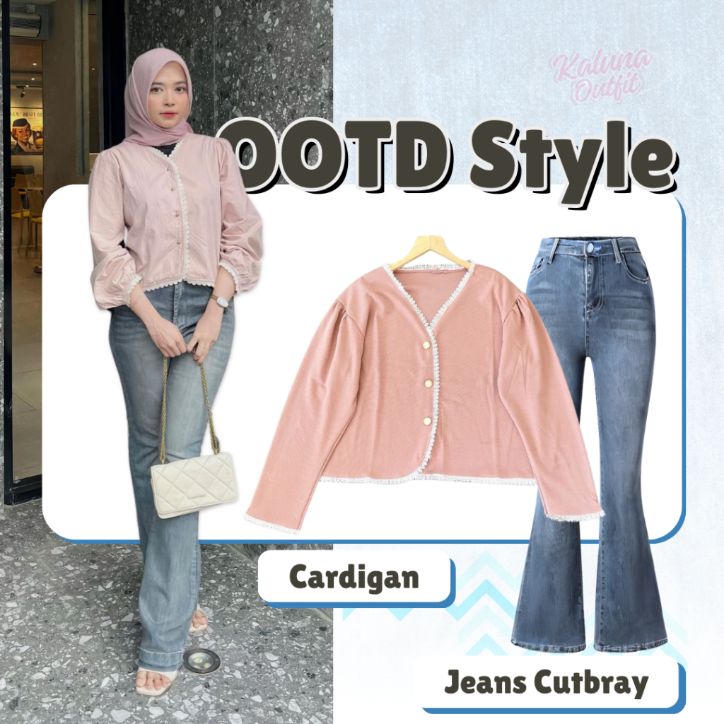 OOTD Style Setelan Wanita Kekinian ( Cardigan, Jeans Cutbray, Pashmina ) 3in1 Set Remaja Skena KO1I