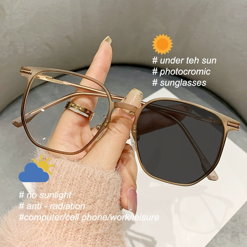 Kacamata Photochromic Anti Radiasi Wanita Pria Kacamata Kotak Besar Komputer Gaya Korea