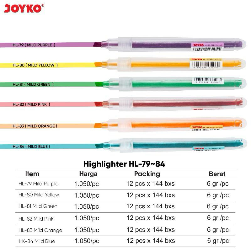 

( 1pcs ) HL79 - 84 Highlighter JOYKO Pen / Penanda bentuk Pen Warna Warni Colour HL-79-84