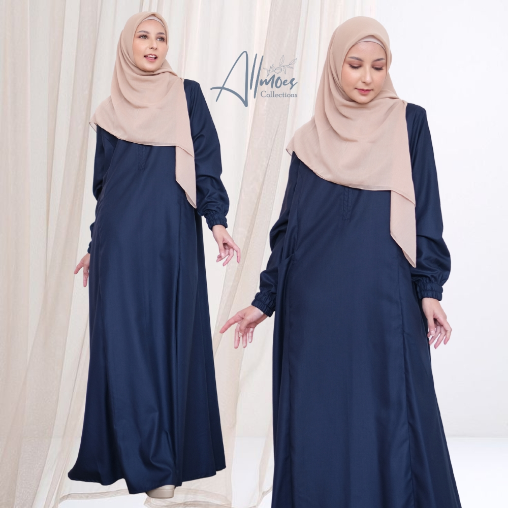 gamis dress polos syari mikaila toyobo navy adem berkualitas termurah