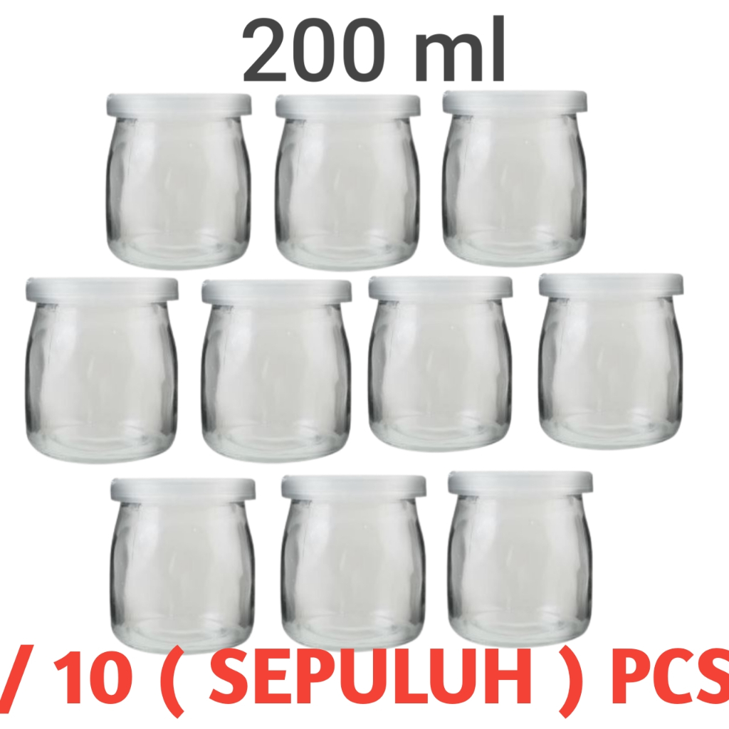 /10 PCS 200ml Botol Puding Kaca Tutup Plastik / Botol Kaca + tutup silicone plastik putih 200ml /  B