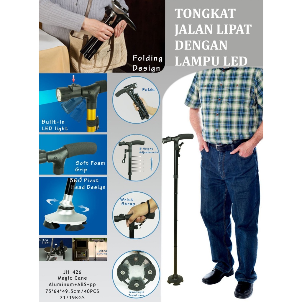 2025 tongkat jalan portable Trusty cane  dengan lampu LED 4 Penahan dasar original import bahan berk