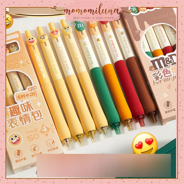 

1 set isi 4 pcs pulpen emoji cokelat MM lucu cute tinta hitam pen set super lucu HB1944