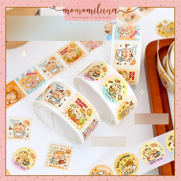 

1 roll isi 300 pcs sticker roll cream bear deco stiker beruang lucu cute stiker segel bulat HB1947