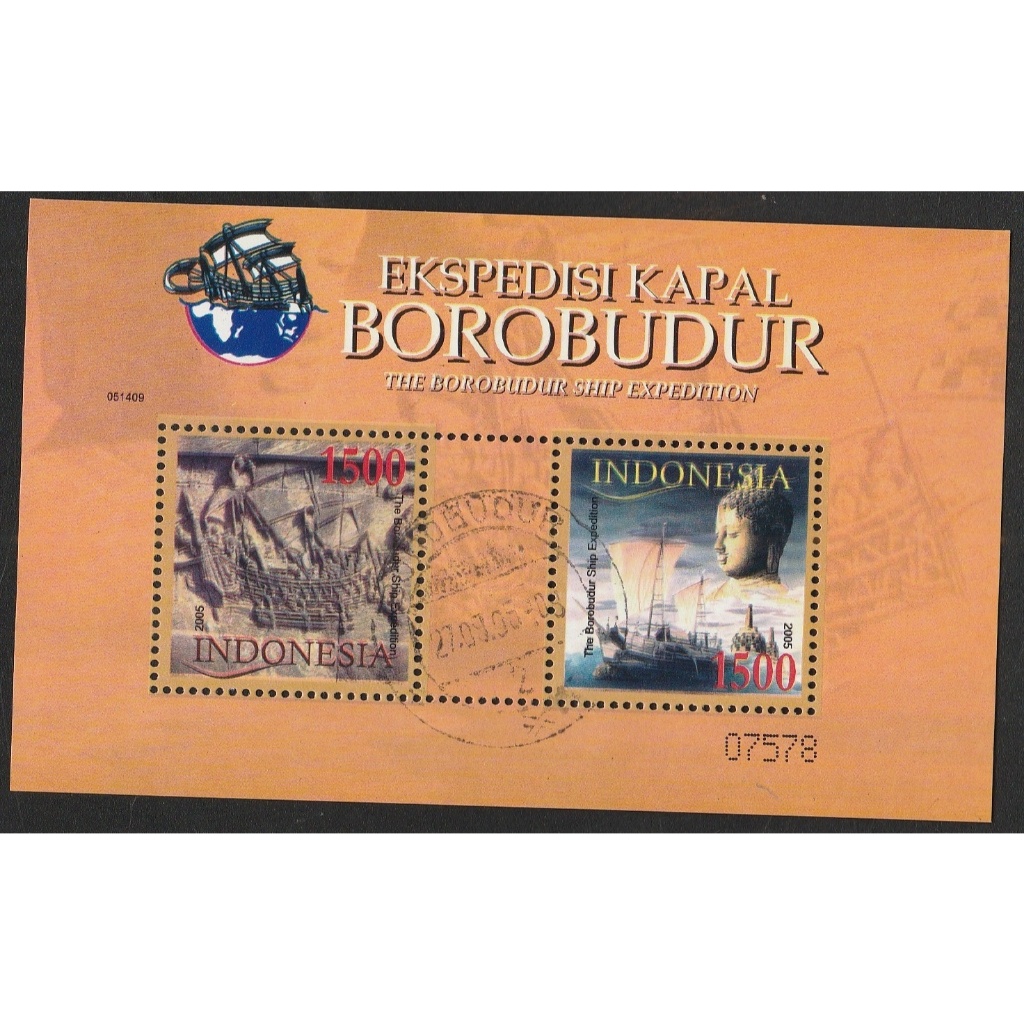 

A 12022 SATU BUAH SOUVENIR SHEET SS PRANGKO INDONESIA TEMA EKSPEDISI KAPAL BOROBUDUR DENGAN KONDISI SUDAH ADA CAP