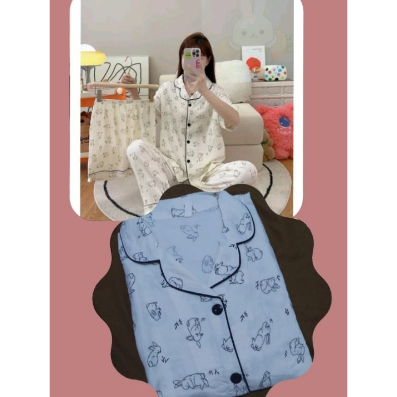 BAJU TIDUR WANITA / PIYAMA IMPORT JUMBO CP3IN1 BUNNY WHITE