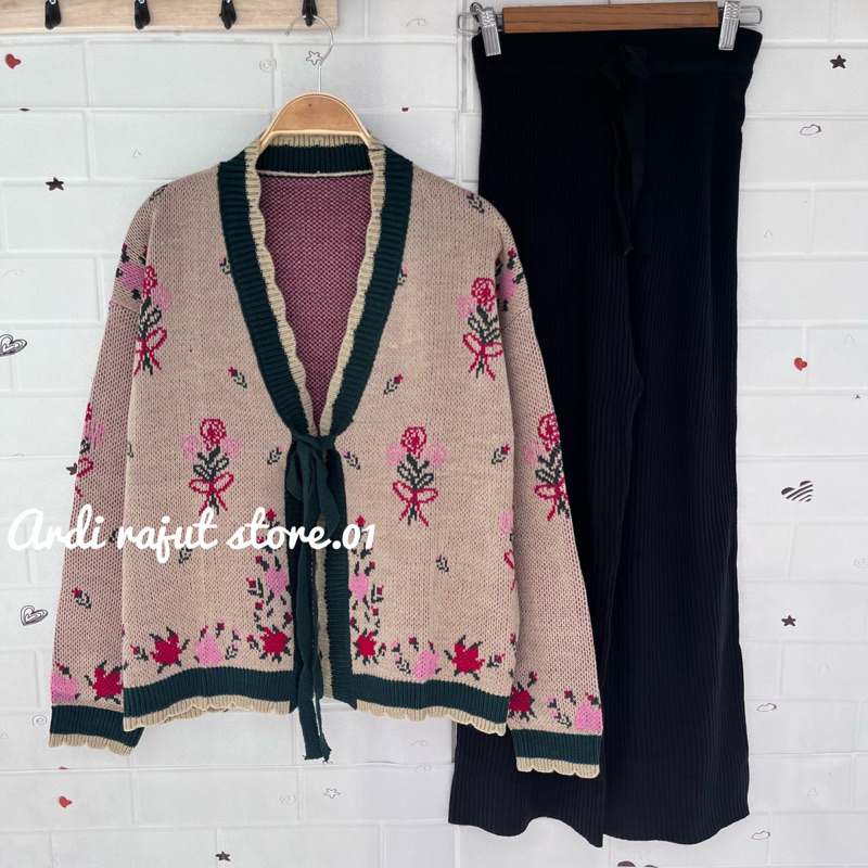 ONESET TIWANI CARDIGAN RAJUT MOTIF PITA BUNGA SETELAN KULOT RAJUT WANITA KOREAN