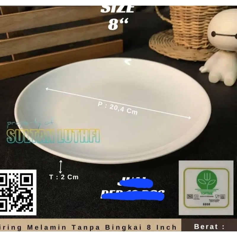 Piring Melamin Tanpa Bingkai 8 Inch Polos P6808-117 (Putih)
