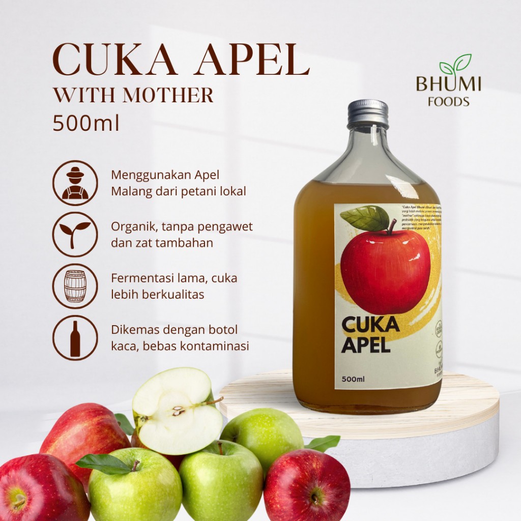 

Cuka apel sari buah apel malang 500ml Apple Cider Vinegar with Mother Organik Botol Kaca