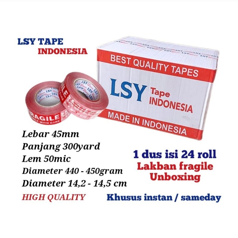 

lakban fragile unboxing mix 300yard 1 dus isi 24 roll LSY TAPE INDONESIA ( CBM )