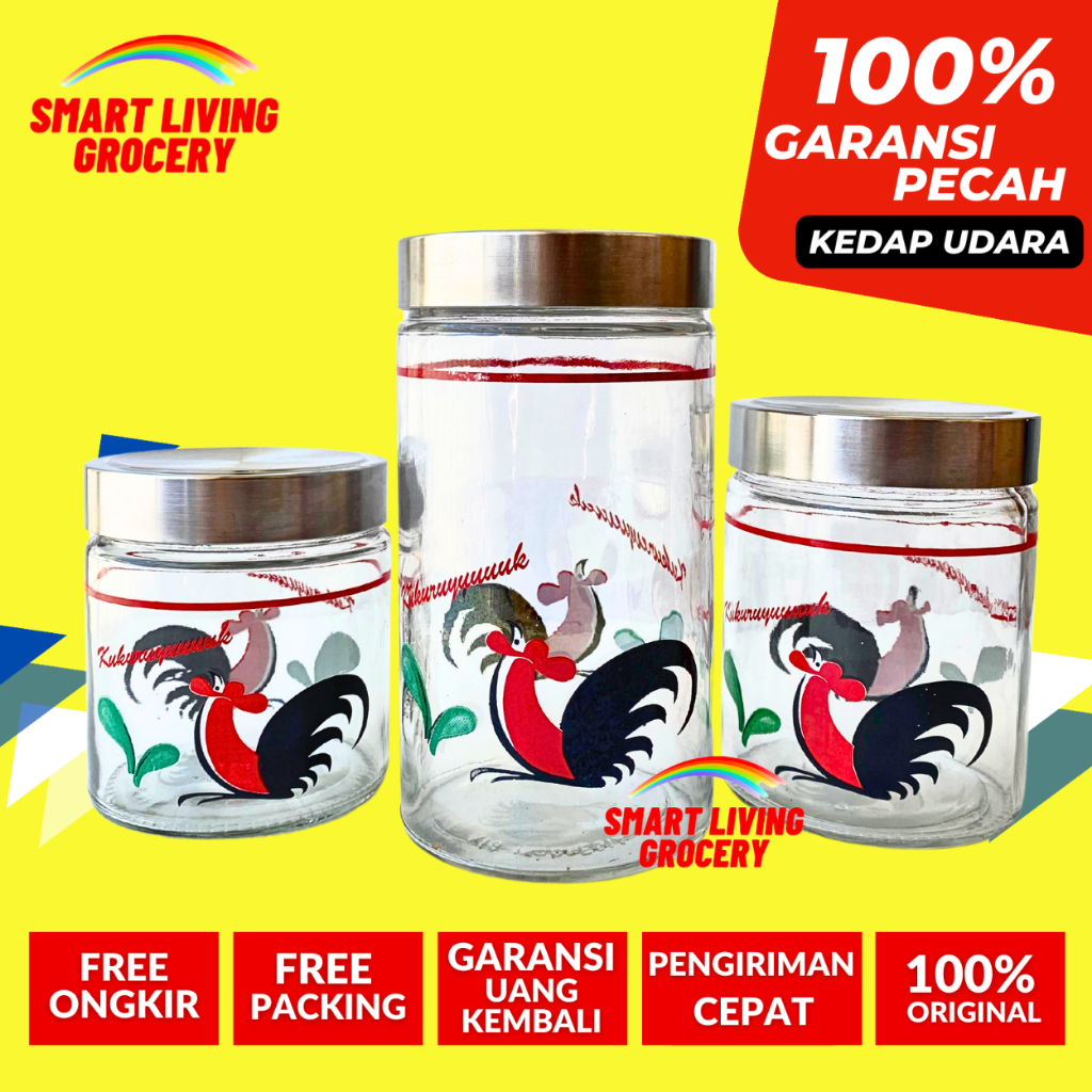 TOPLES KACA MOTIF AYAM JAGO 1 LITER OPLES BOTOL JAR TEMPAT WADAH PENYIMPANAN KEDAP UDARA LEBARAN TUT