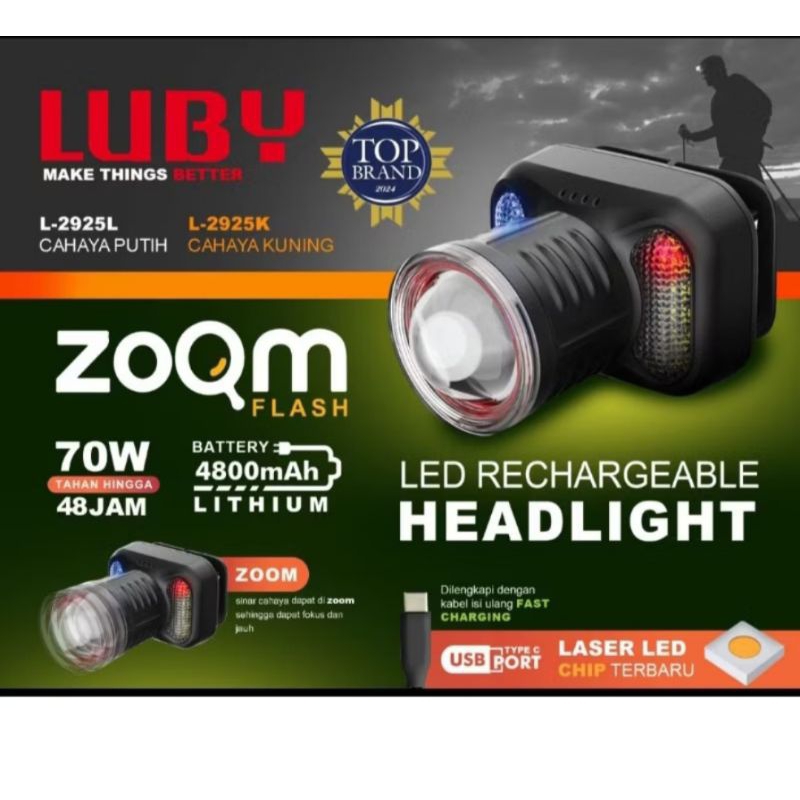 Senter Kepala Luby L-2925 70 Watt Senter Kepala Zoom Cahaya Putih Kuning Tahan 48 Jam