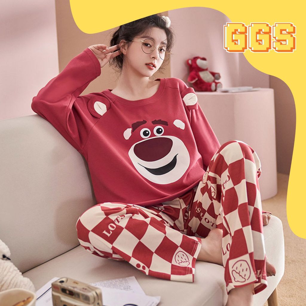 GGS Piyama Set Baju Tidur Wanita Lengan Panjang Celana Panjang Setelan Pajama Perempuan Dewasa Remaj
