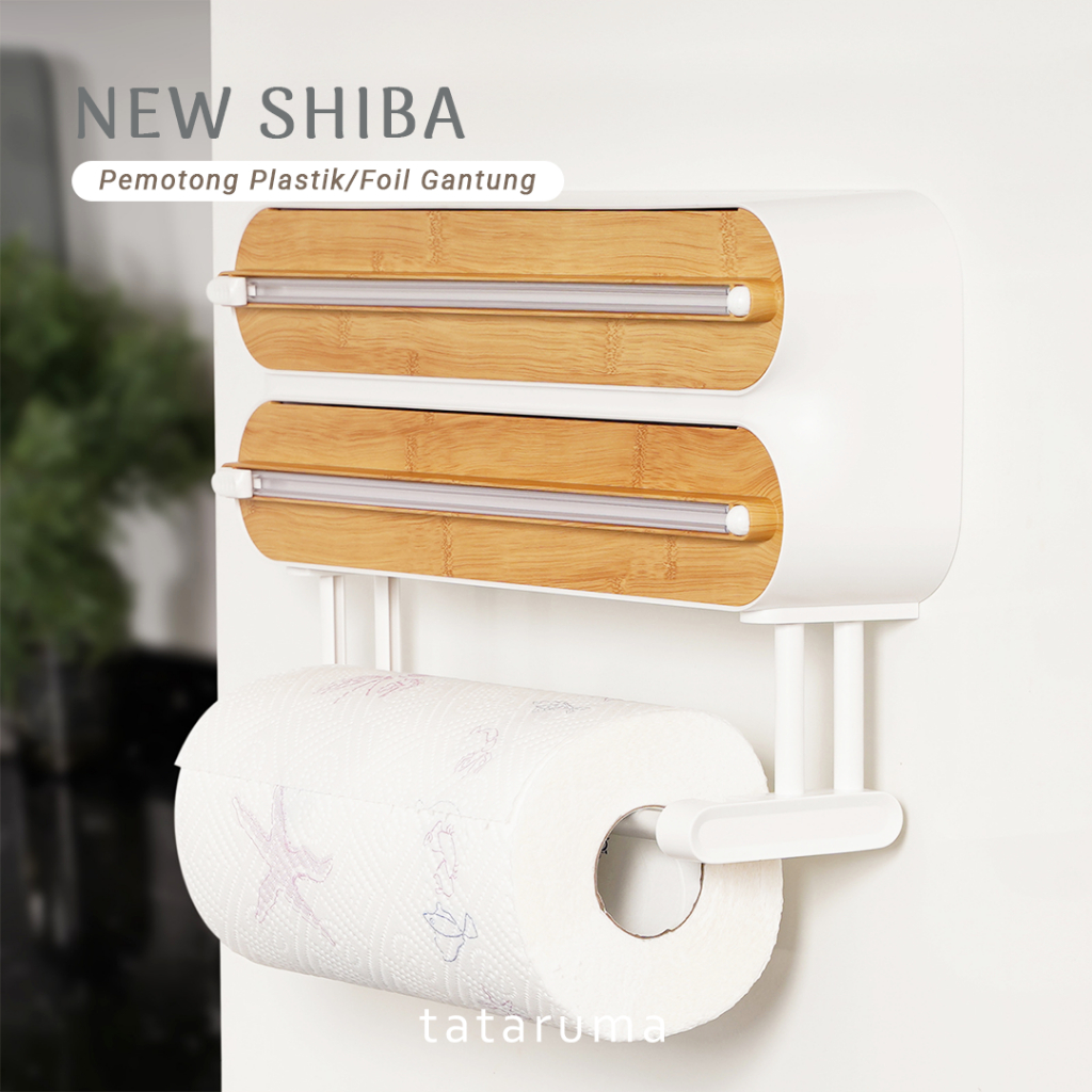 TATARUMA New Shiba - Dispenser Cling Wrap/Foil/Baking Paper Rak Gantung Pemotong Plastik dan Tempat 