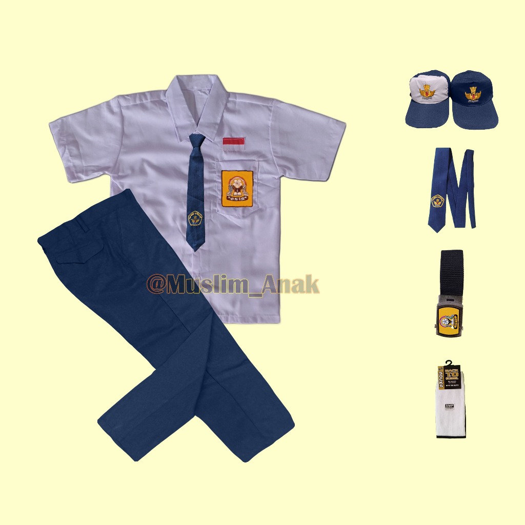 Set Seragam Biru Putih SMP Baju Pendek Celana Panjang