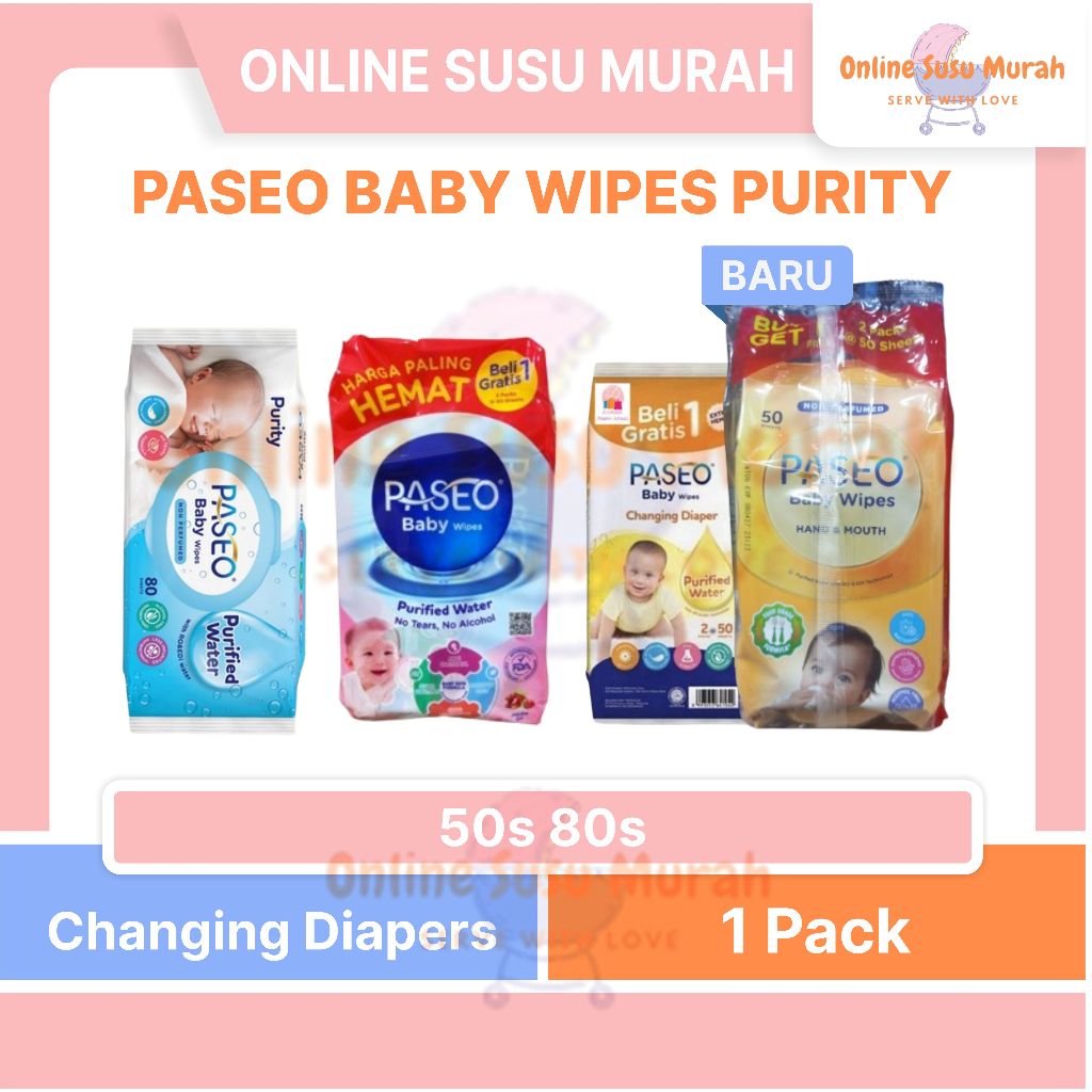 PASEO BABY WIPES PURITY CHANGING DIAPERS NON PARFUME 50 80 SHEET PLTS