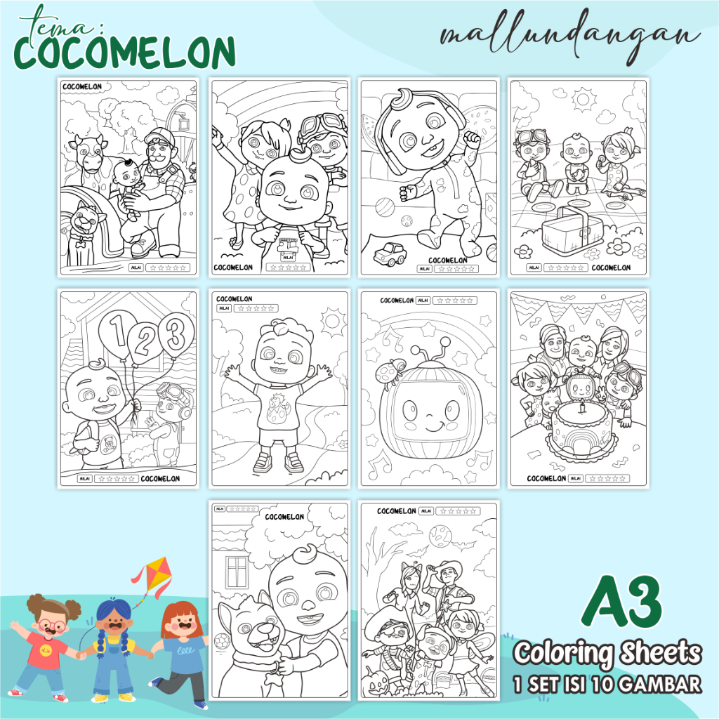 

LEMBARAN MEWARNAI ANAK A3 - TEMA COCOMELON - PAPER COLORING SHEETS FOR KIDS