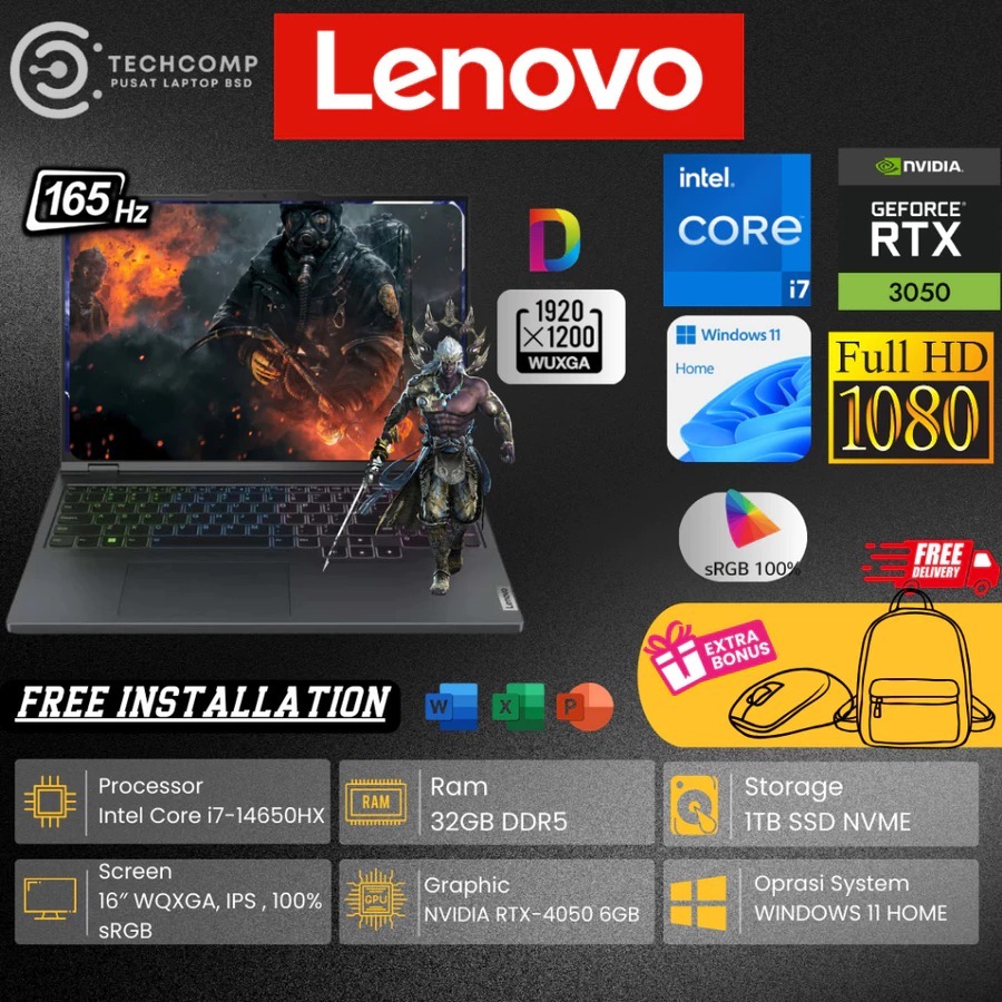 LENOVO LEGION GAMING 5i INTEL CORE I7 14650HX 32GB 1TB SSD LAYAR 16.0 INC WQXGA 165Hz RTX4050-6GB