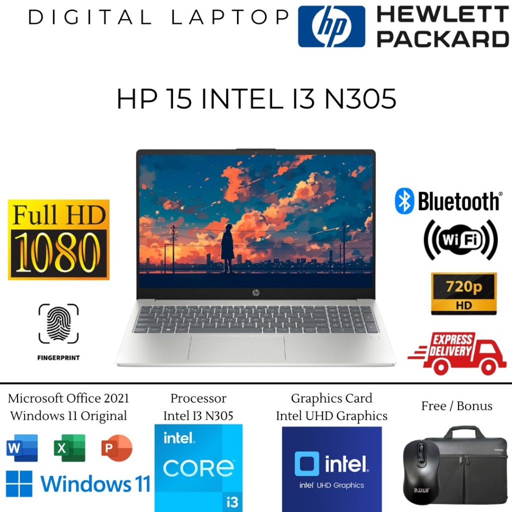 Laptop HP 15 Intel Core i3 N305 RAM 16GB 512GB SSD FHD Fingerprint Windows 11 Home Baru