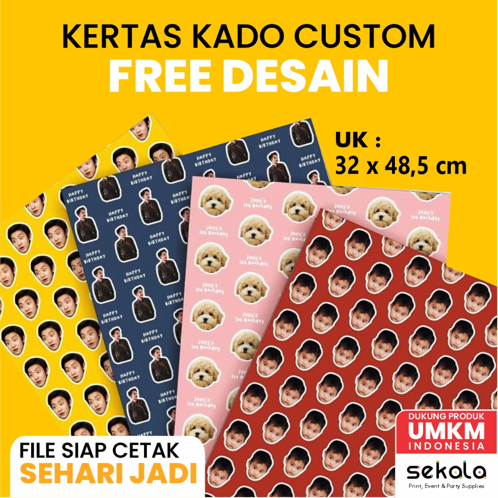 

(GRATIS DESAIN) Kertas Kado Custom Ukuran 48 x 32 cm Free Desain Tanpa Minimal Order Bisa Tambah Tulisan dan Request Warna