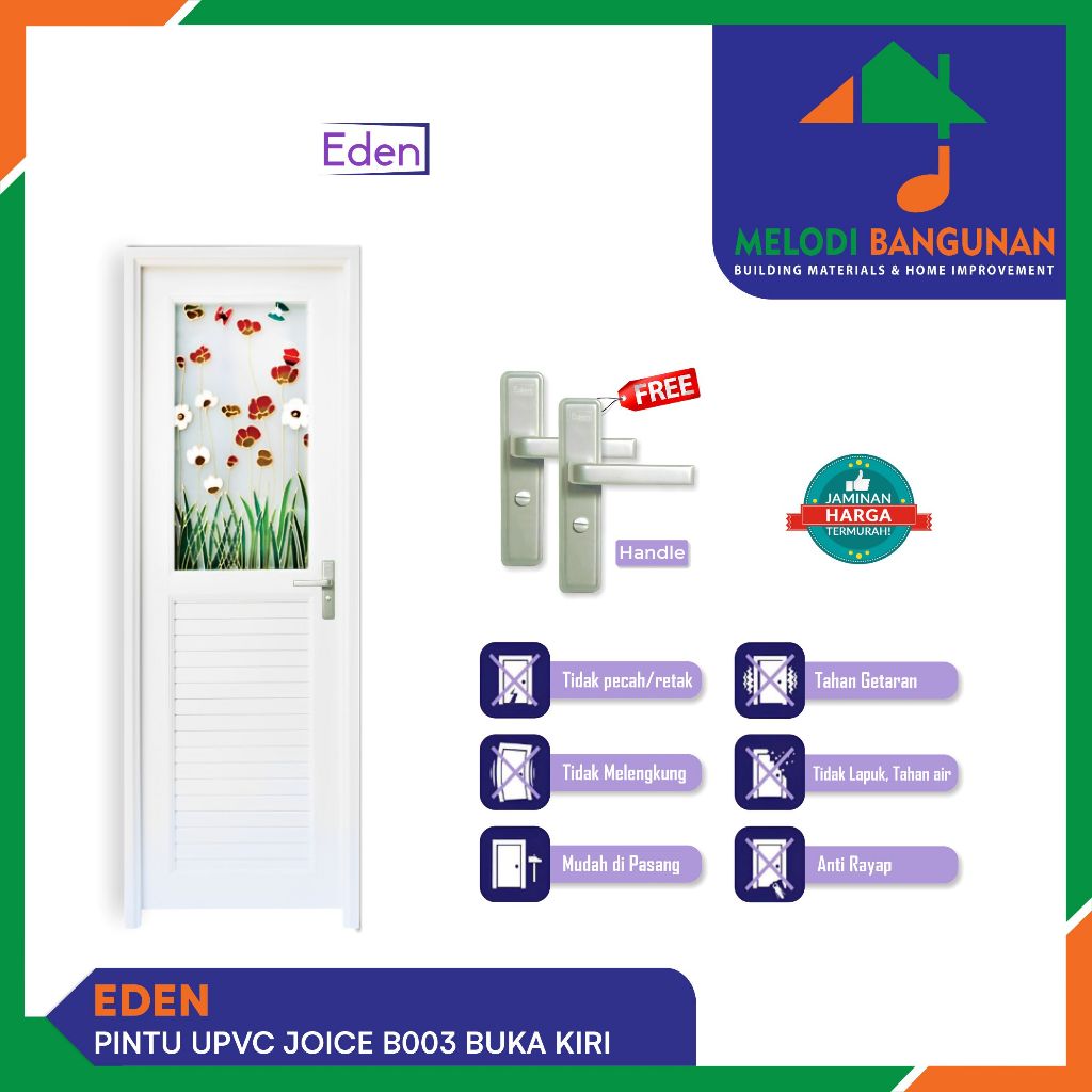 Eden - Pintu Kamar Mandi Wc Upvc Joice B003 B 003 WH Buka Kiri White