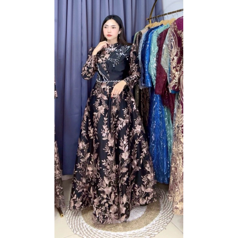 Gamis dress Shelly bahan tile bordir mix satin kondangan wanita muslim mewah Formal Dewasa Pesta Gau