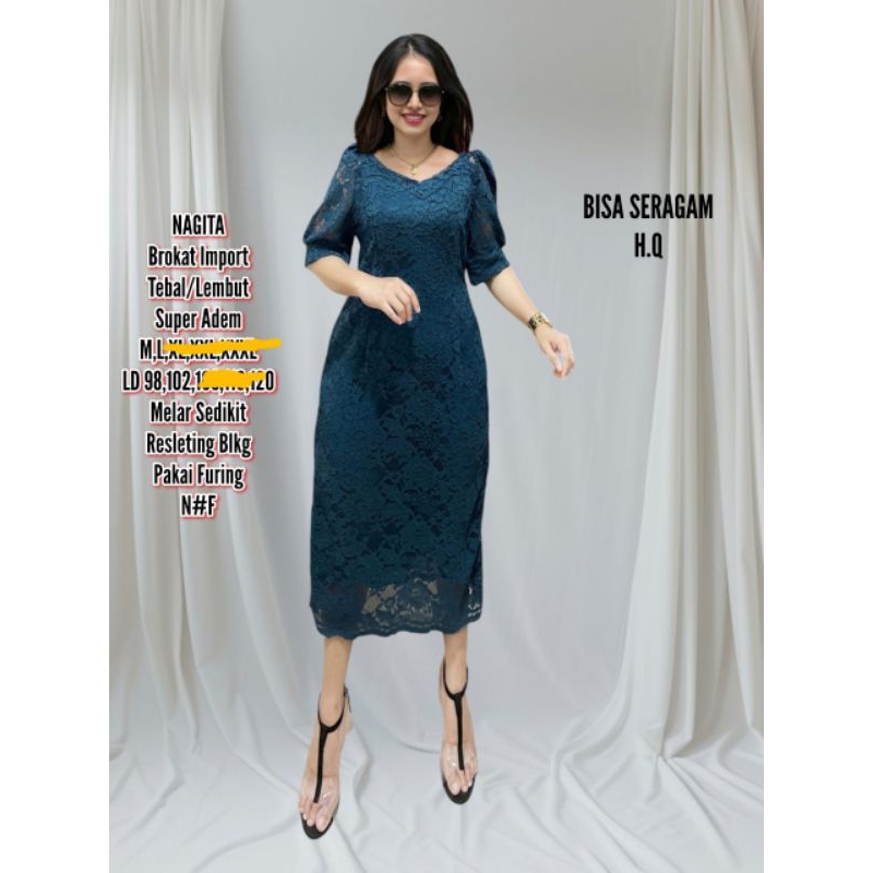 Dress brokat import bahan tebal dan lembut super adem resleting belakang pakai lapis