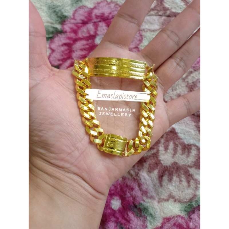 Gelang Plat Garis Simetris Baris Lapis Emas 999 Banjar
