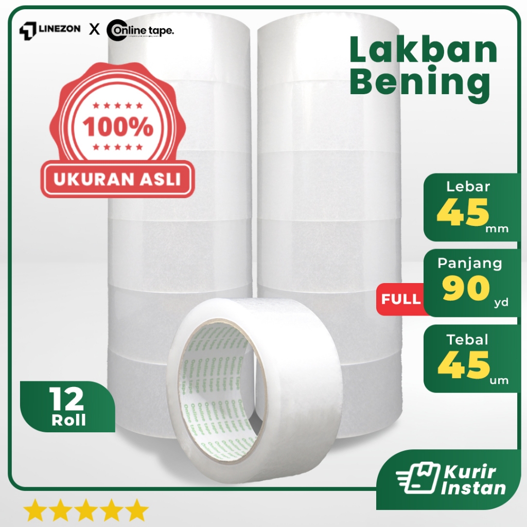 

12 pcs Lakban Bening 45 MM X 90Y PURE Ukuran Real Online Tape Lakban Isolatip Solatip Kualitas Nachi Daimaru Murah