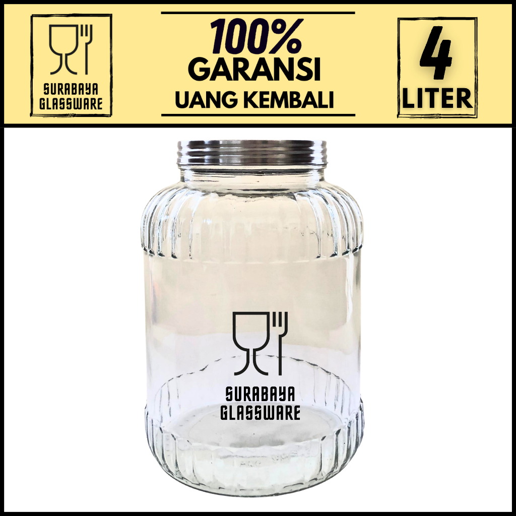 TOPLES KACA 4 LITER TUTUP STAINLESS STEEL TOPLES WADAH TEMPAT PENYIMPANAN MAKANAN SNACK KERUPUK JAJA