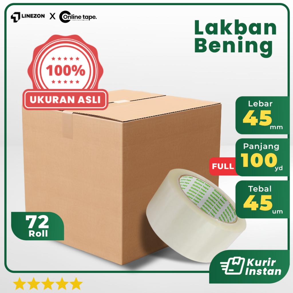 

1 DUS Lakban Bening 45 MM X 100 Yard PURE Ukuran Asli REAL ONLINE TAPE OPP 72 Roll Kuat tebal / Lakban clear Murah