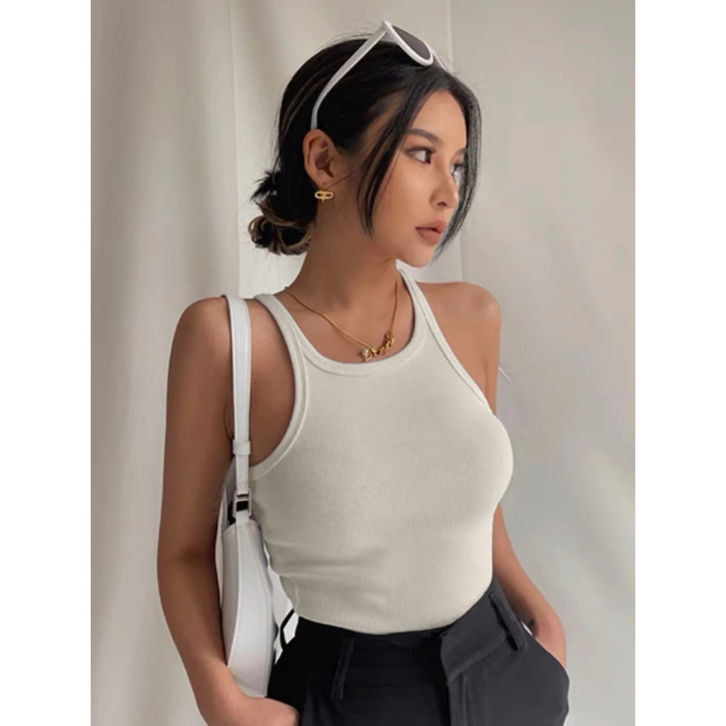 NR Crop Premium Tank Top Razer Back Halterneck Sexy Plain Strap Knit Crop Tank Top Sexy Casual