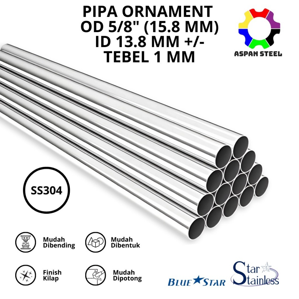 Pipa 5/8 inch ( 15.8 MM ) stainless steel tebel 1 mm 304