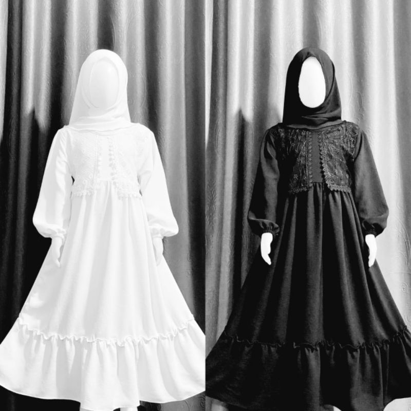 GAMIS MUSLIM ANAK PEREMPUAN BAHAN CRINGKEL MIX RENDA DADA/KHUSUS HITAM DAN PUTIH SET HIJAB SORONG ( 