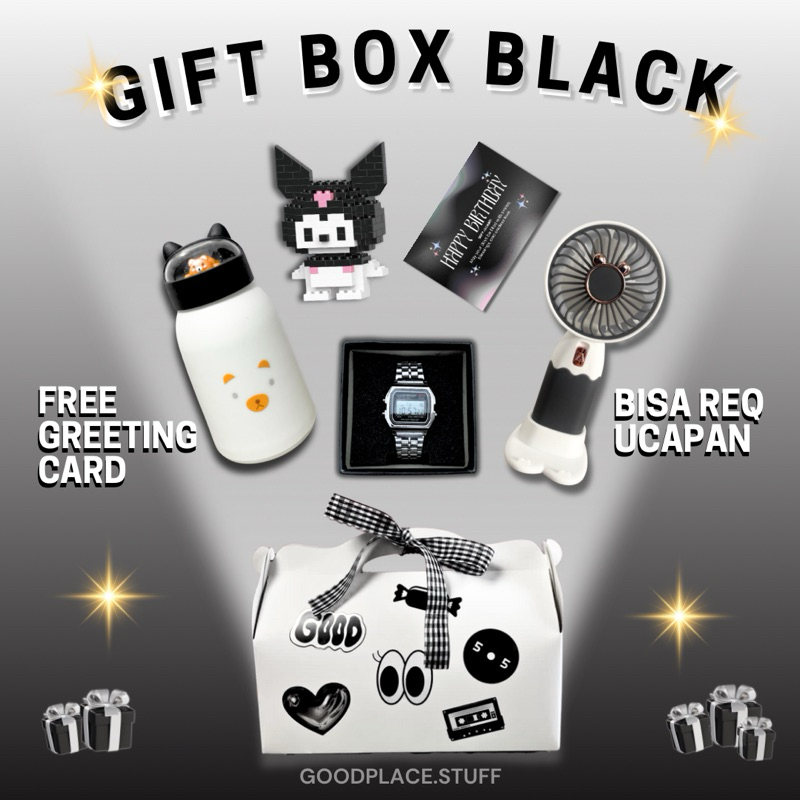 

Goodplace gift box Ideas black | Kado Ulang Tahun Pacar| Valentins gift | Set Kado Aesthetic | Gift Box Gemes | Hampers Black Edition | Kado Graduation | Hadiah Ulang Tahun | Gift Anniversary | Kado Semprotulation | Hadiah Wisuda