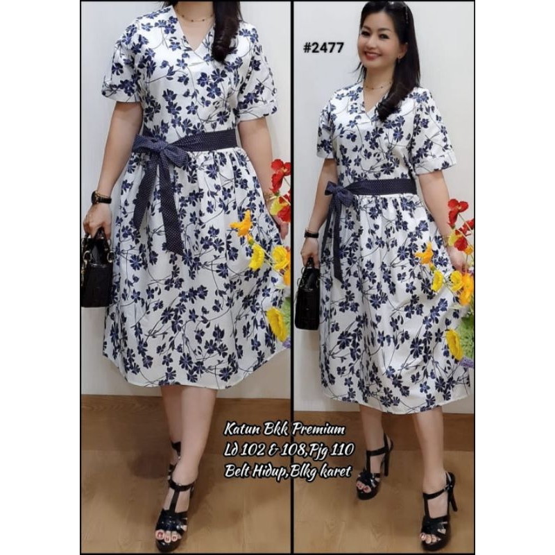 Dres Motif Bunga 2477 Putih Katun Bkk Premium Wanita Midi Baju - Gaun, Pantai, Pesta, Pendek, Casual