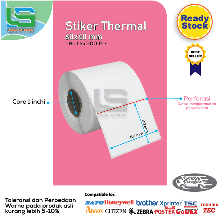 LABEL BARCODE THERMAL 60X40 MM DIRECT THERMAL 60X40 MM LABEL STIKER BARCODE ISI 500 PCS