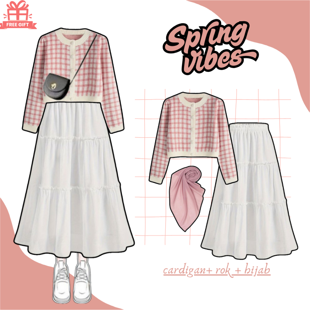 Outfit Hijab Aesthetic ( Cardigan + Rok Susun + Hijab ) OOTD Korean Style Wanita Kekinian GL51