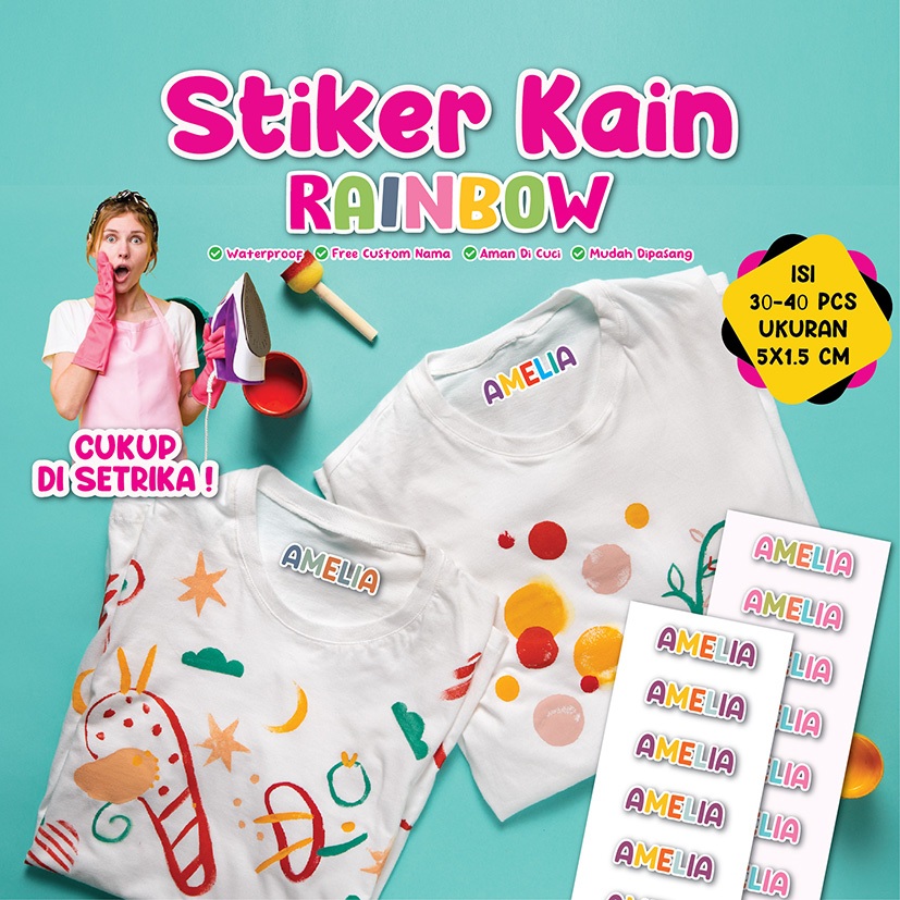 

Sticker Kain Custom Nama Warna Lucu Cute / Stiker Baju Custom / Kain / Sablon Nama / Sablon Baju Nama Anak(iron on) Rainbow