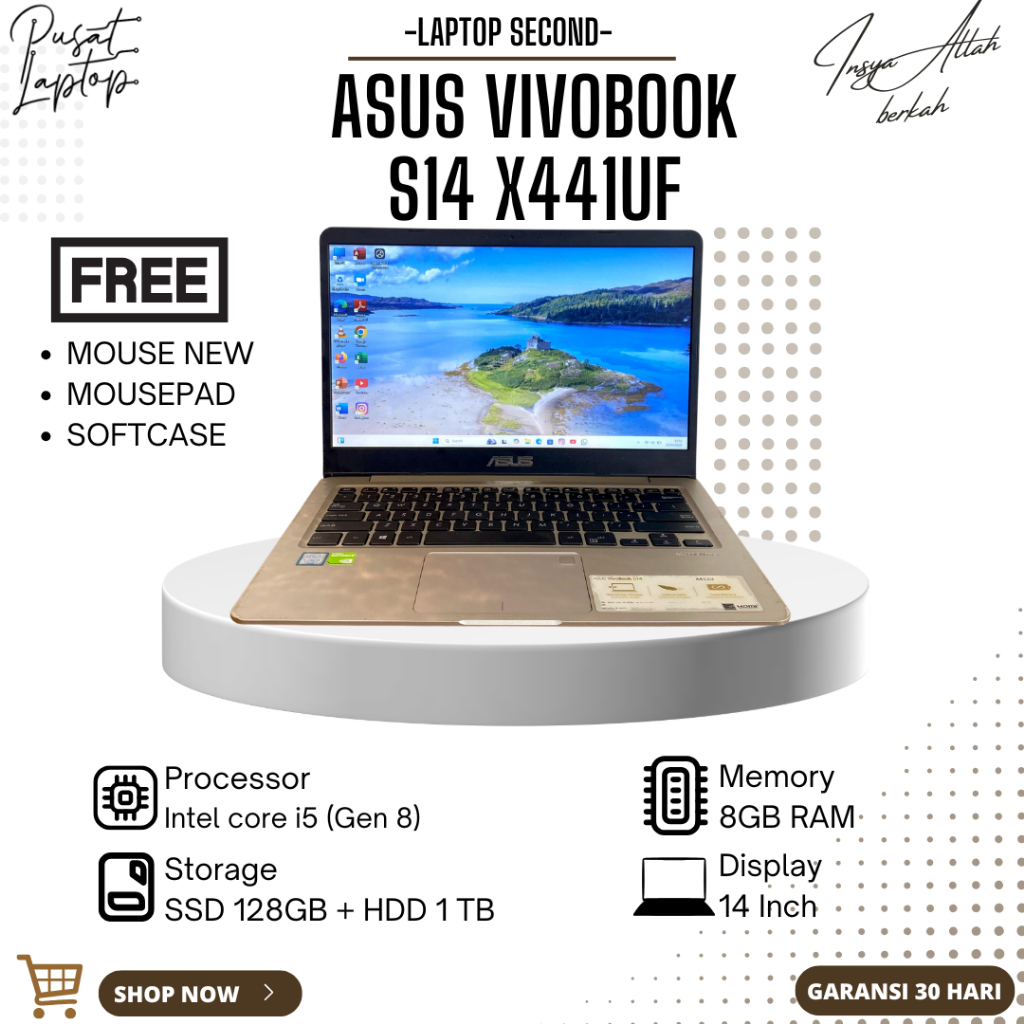 LAPTOP ASUS VIVOBOOK S14 X441UF SECOND | INTEL CORE I5 GEN 8 | RAM 8GB | SSD 128GB + HDD 1TB | NORMA