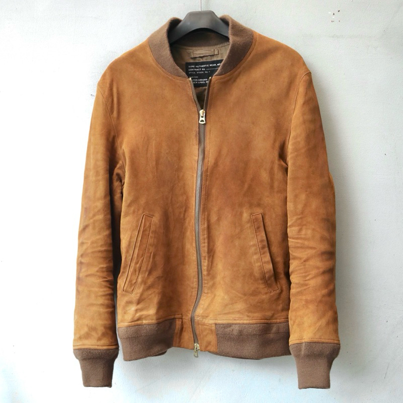 Green label relaxing jaket kulit asli suede domba coklat tan bomber varsity genuine leather jacket P