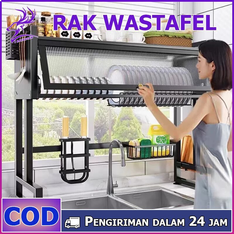 Rak Wastafel Dapur Rak Lemari/Rak Piring Wastafel Dapur Stainless Steel Multi-fungsi Dengan  Aksesor