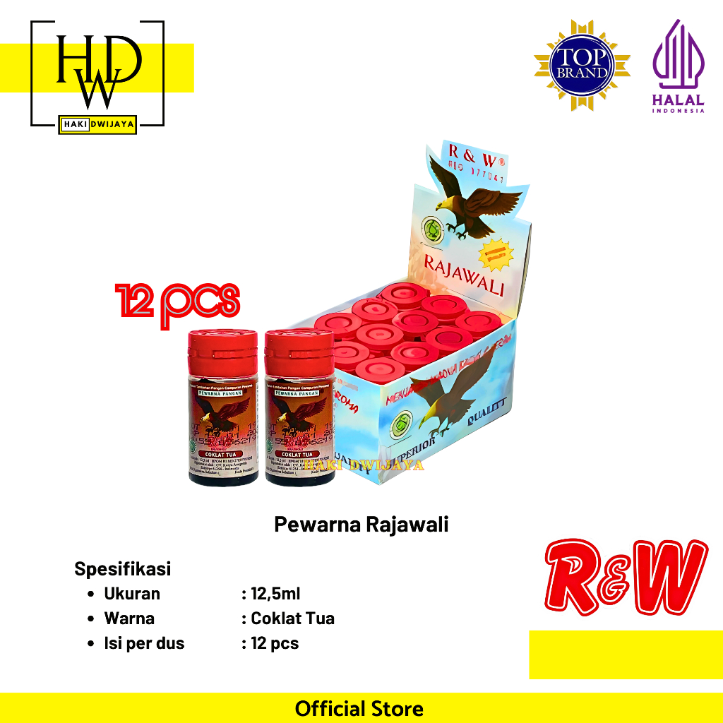 

Rajawali Pewarna Makanan Minuman Kue R&W Botol 12,5ml x 12pcs Warna Coklat Tua