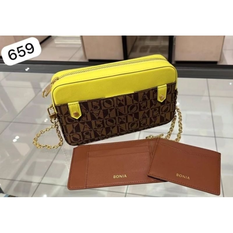SALE tas bonia original sling bag tali rantai monogram mix kuning stabilo free card holder